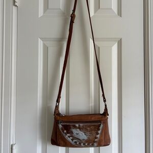 Brown Leather Crossbody Bag with Cowhide Accent